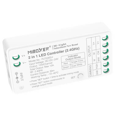 Přijímač Stmívač LED Pásku Jednobarevného/CCT 12/24V DC MiBoxer FUT035S+ Kompatibilní s Tlačítkovým Spínačem