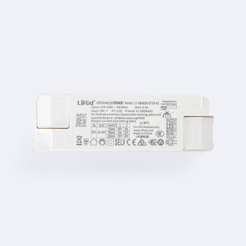 Prodotto da Driver LIFUD Regolabile 0-10V 220-240V No Flicker Output 25-42V 650-750mA 26-30W LF-ABA030-0750-42