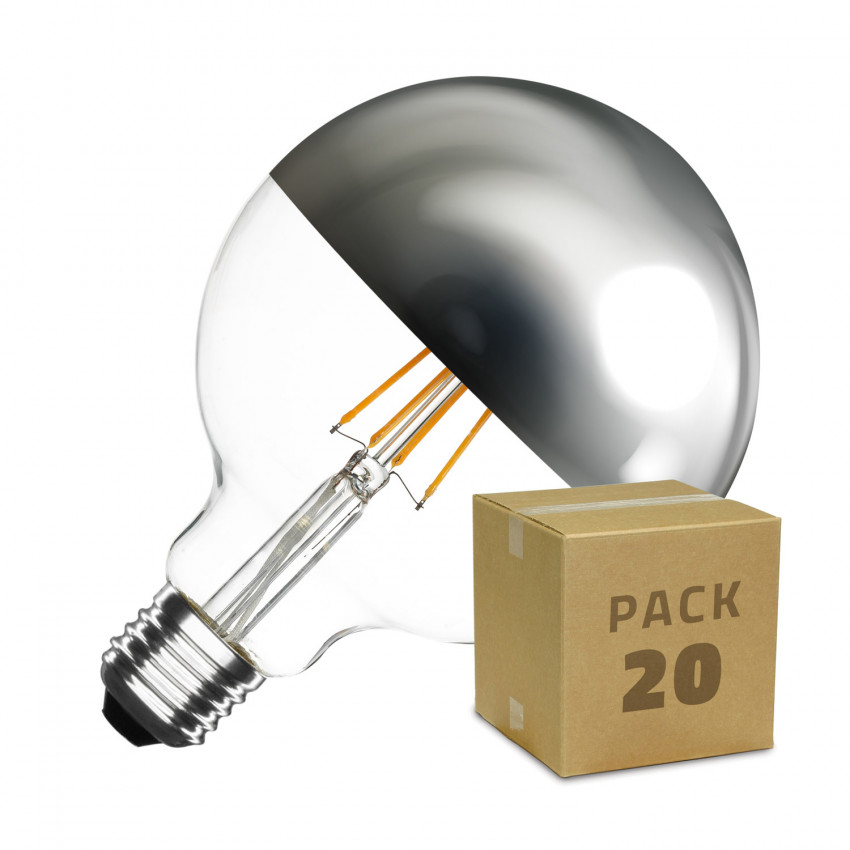 Product van Doos met 20St LED Lampen E27 Dimbaar Filament Chroom Reflect Supreme G125 6W Warm Wit