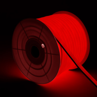 50m Role Stmívatelného Neon LED Pásku 7.5 W/m 220V AC 120LED/m IP67 Půlkruhový 180º Červená Střih každých 100 cm