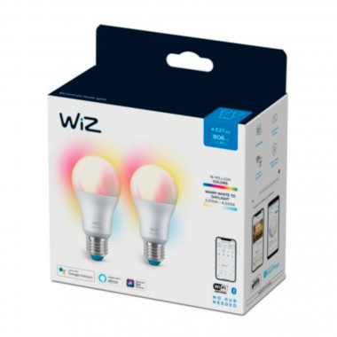 Pack of 2u 8W E27 A60 Smart WiFi + Bluetooth WIZ RGB+CCT Dimmable LED Bulbs  - Ledkia
