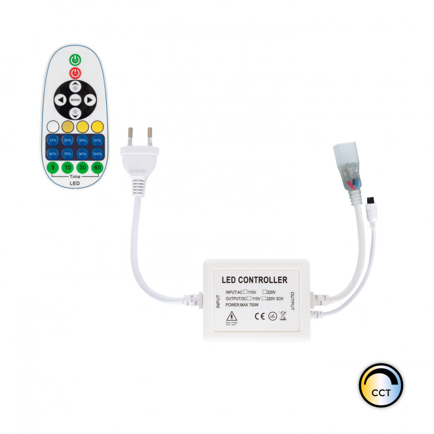 Controller LED-Streifen CCT 220V AC 220 LED/m IP67 Breite 15mm Schnitt alle 100 cm mit IR-Fernbedienung 23 Tasten