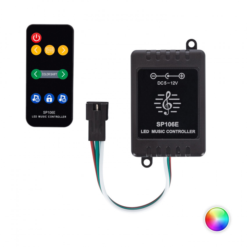 Controller Dimmer Musikalisch für Digitale RGBIC SPI LED-Streifen 5-12V DC mit IR Fernbedienung
