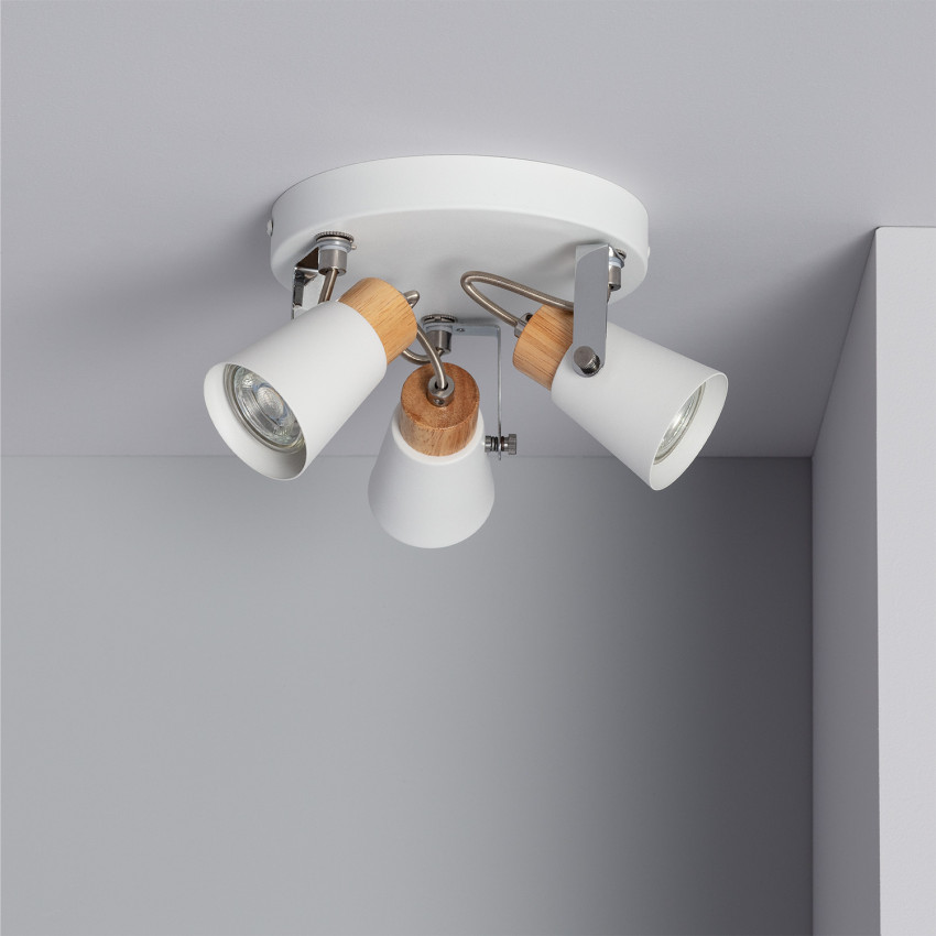 Deckenleuchte Rund Ausrichtbar aus Metall und Holz Mara 3 Spots 