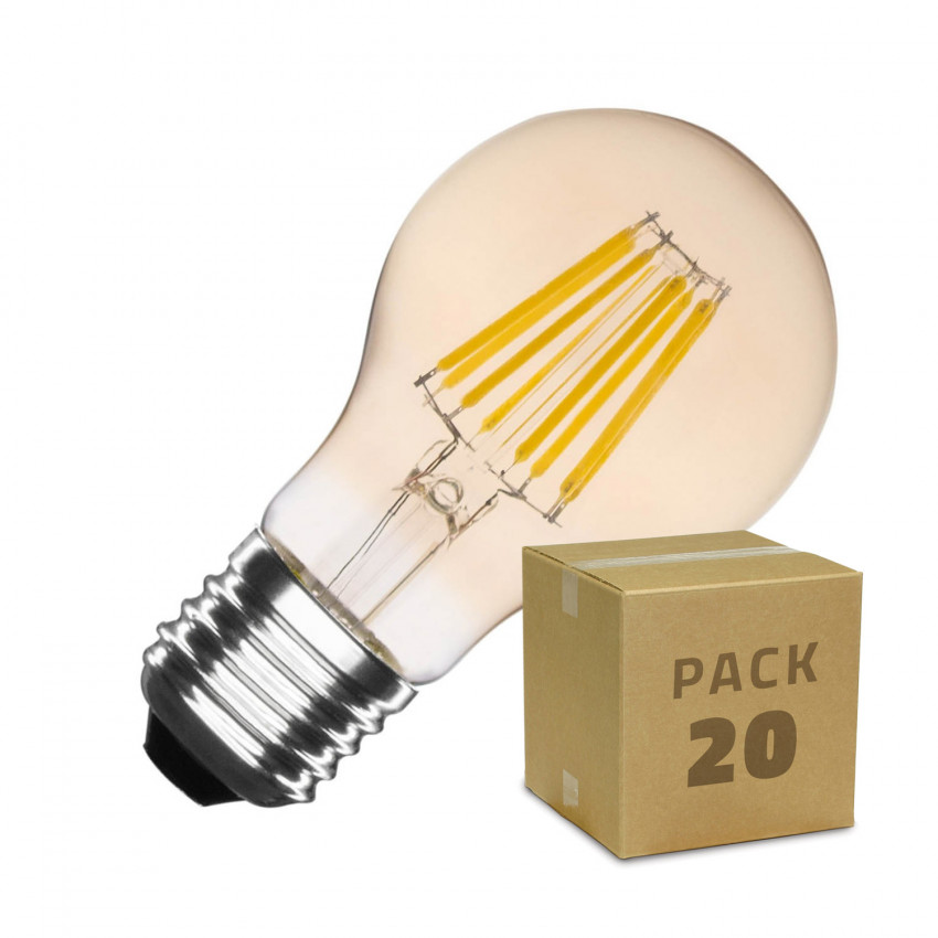 Caja de 20 Bombillas LED E27 Regulable Filamento Gold Classic A60 6W