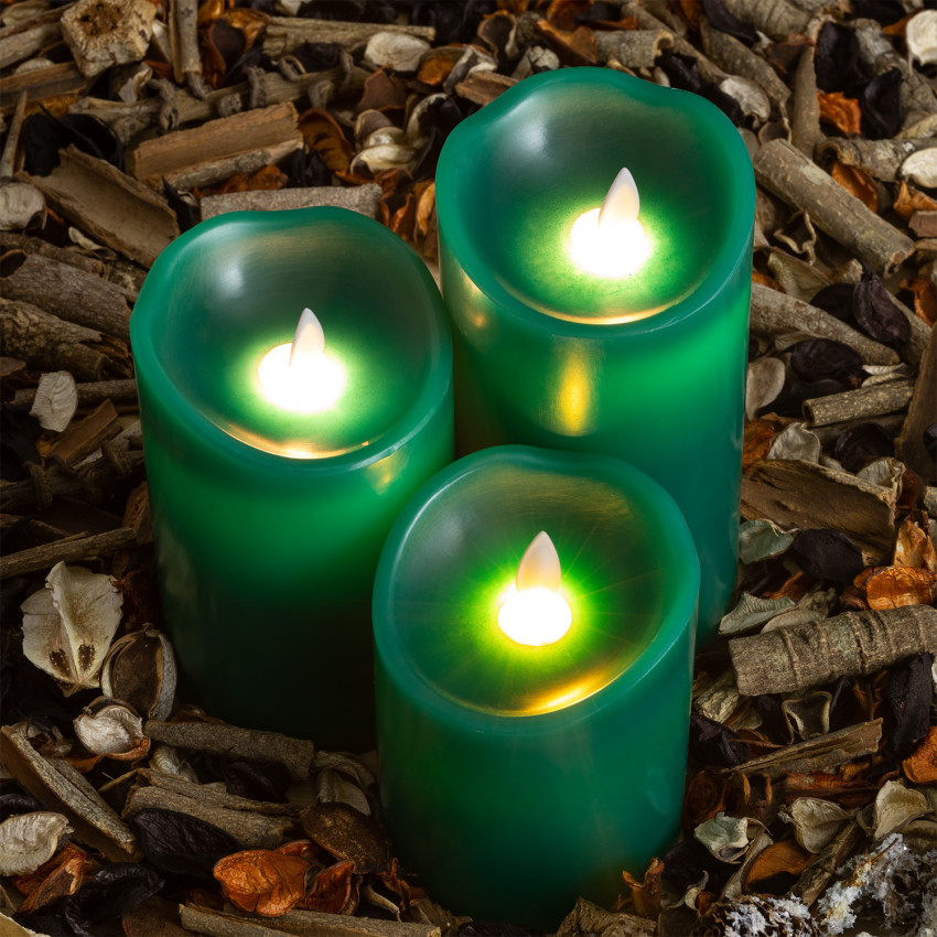 Pack de 3 Bougies LED Cire Naturelle Spécial Flame Verte