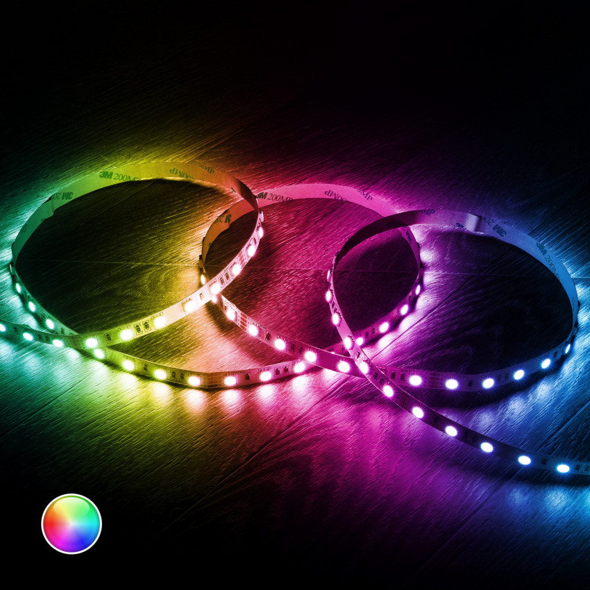 Kit Ruban LED 24V DC 60LED/m RGB 5m Largeur 10mm Coupe tous les 10cm avec Contrôleur WiFi et Transformateur 