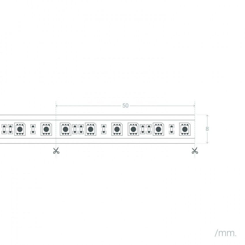 Rollo 20m Tira LED 24V DC 120LED/m 5m IP20 Ancho 8mm Corte cada 5cm