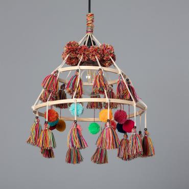 Cuzo Wood & Cotton Pompon Pendant Lamp - Natural
