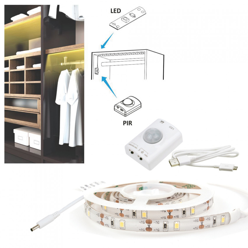Tira LED 3.7V DC 30LED/m 1m IP20 con Sensor de Movimiento y Alimentación USB