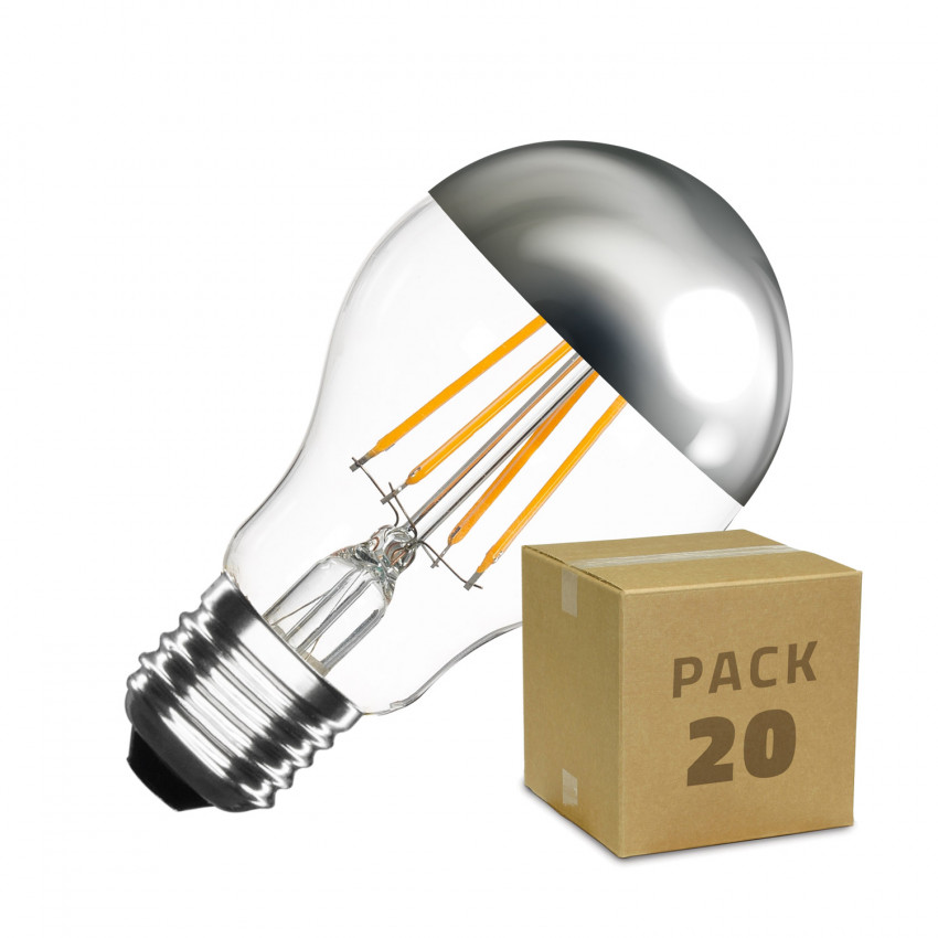 Zestaw 20 Żarówek LED E27 Ściemnialnych Filament Chrome Reflect Classic A60 6W Biała Ciepła